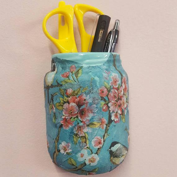 Picture of Blue Tit and Blossom Patterned Wall Mounted Mason Jar